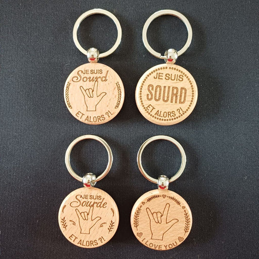 Porte-clés en bois naturel gravé au laser sur le thème des Sourds