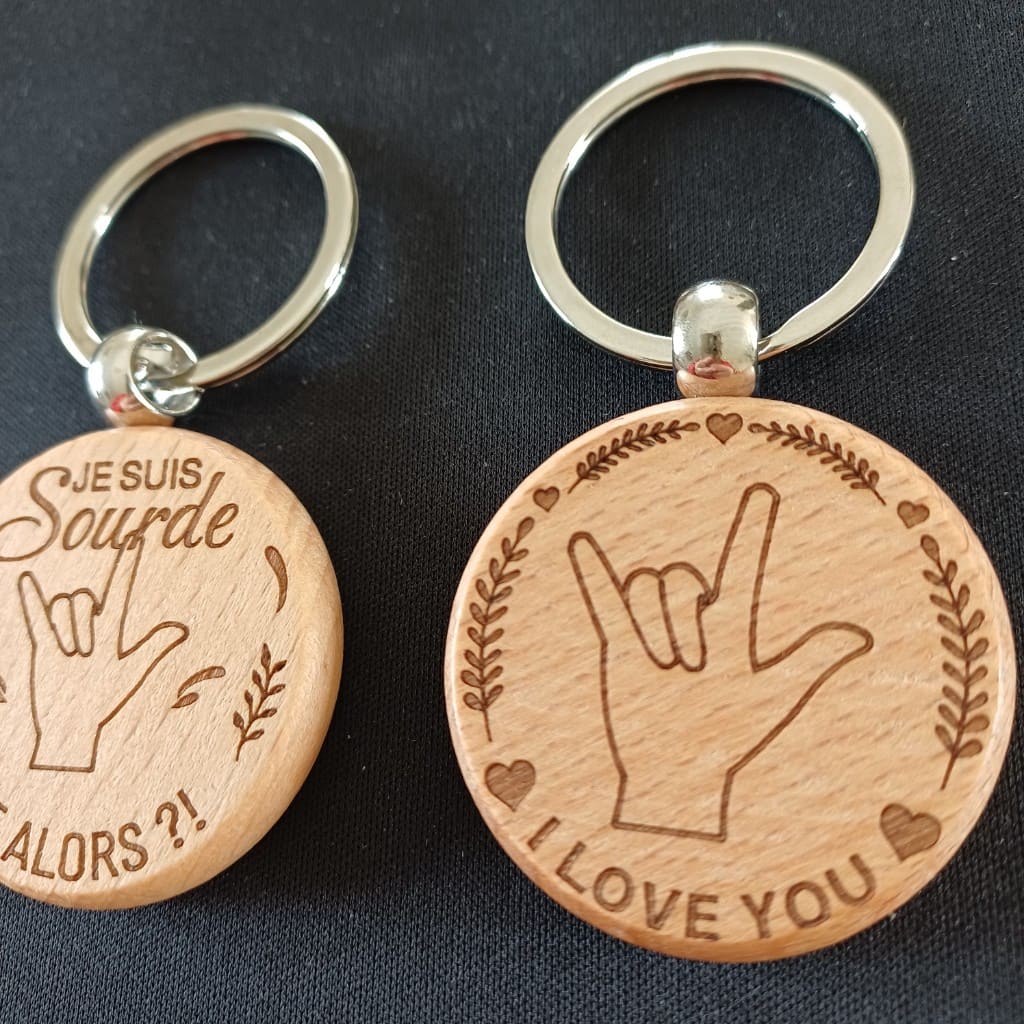 Porte-clés en bois naturel gravé au laser, I Love You