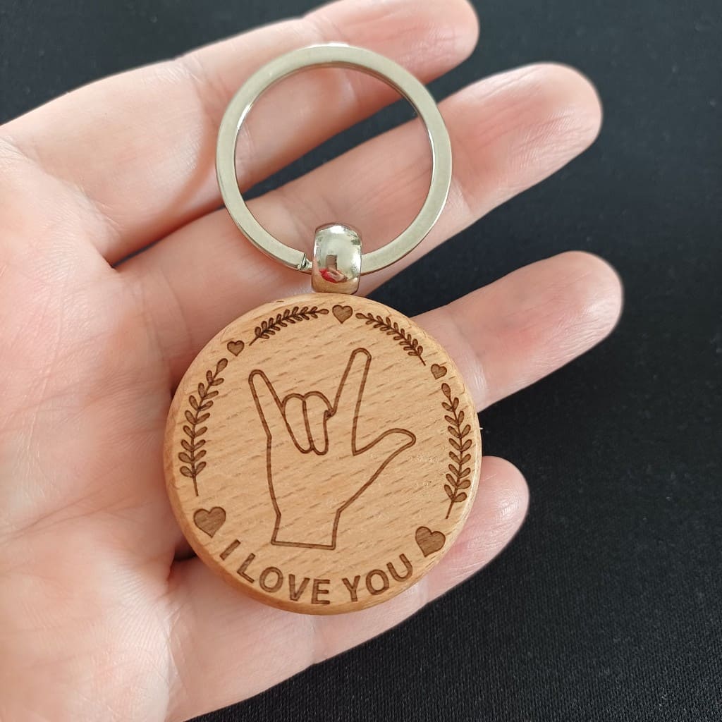 Porte-clés en bois naturel gravé au laser, I Love You