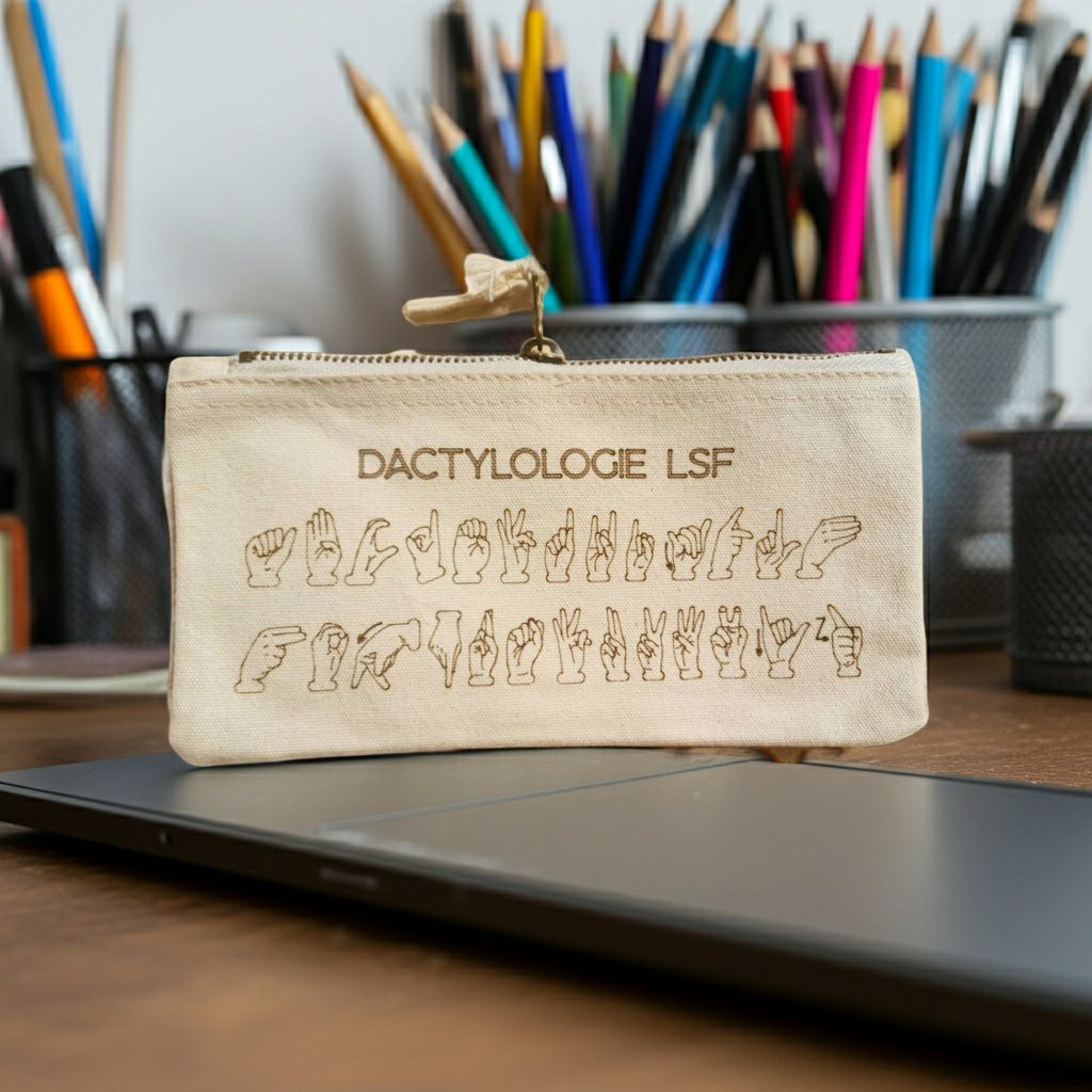 Trousse en coton gravée – Alphabet LSF | Dactylologie Langue des Signes Française
