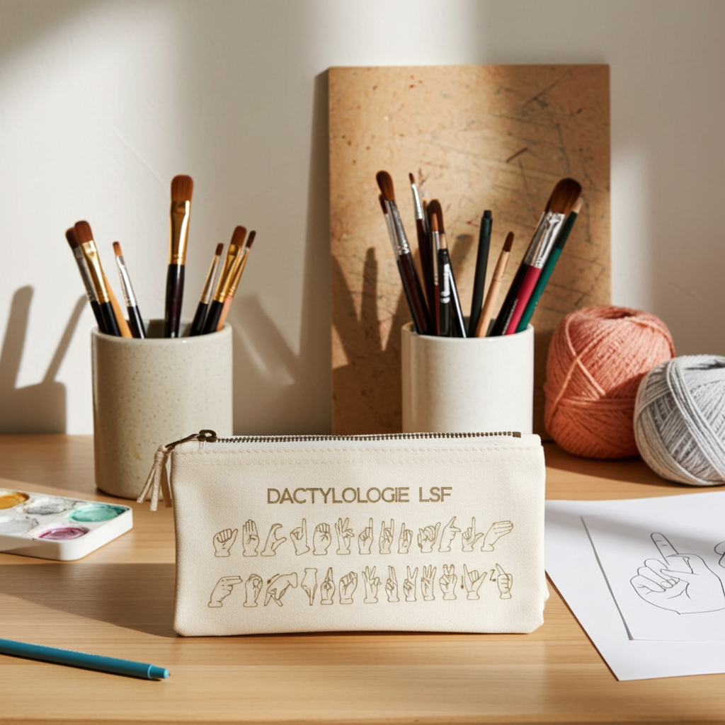 Trousse en coton gravée – Alphabet LSF | Dactylologie Langue des Signes Française