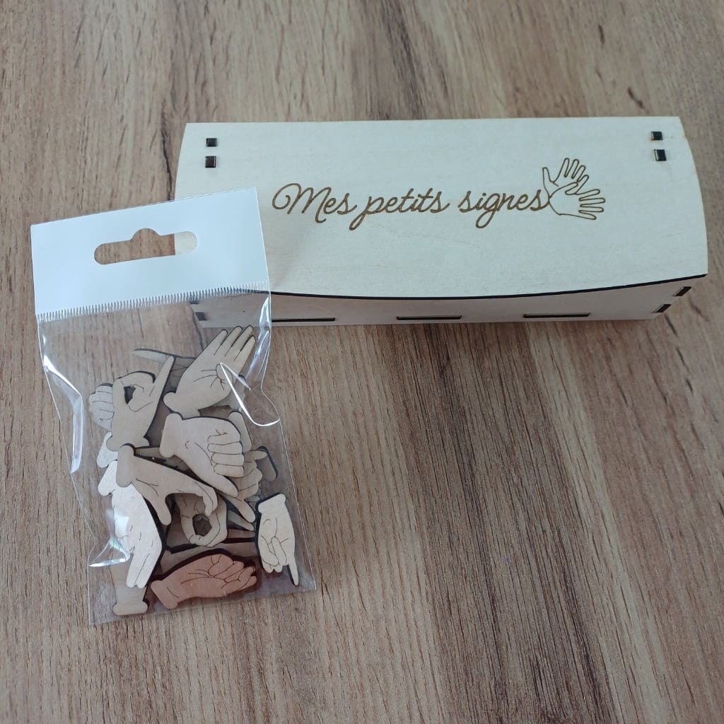 Boîte à souvenirs en bois naturel pour bébé signeur avec gravure de mains et inscription manuscrite Mes petits signes