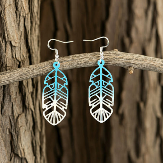 Boucles d'oreilles en bois Plume Stylisée - Dégradé Turquoise et Blanc