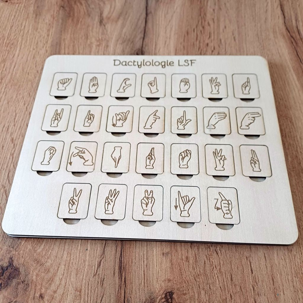 Plateau de jeu en bois alphabet LSF avec 26 jetons