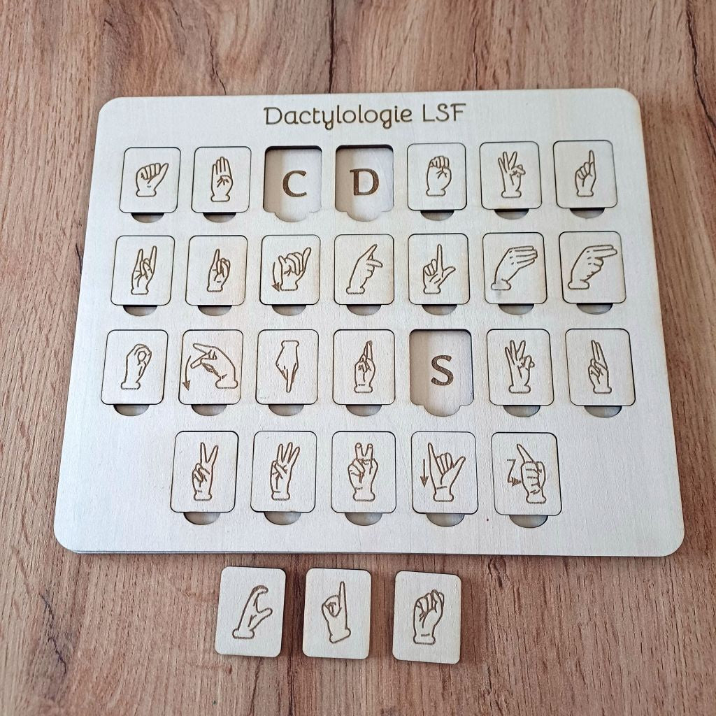 Plateau de jeu en bois de dactylologie LSF avec 26 jetons de l'alphabet signé
