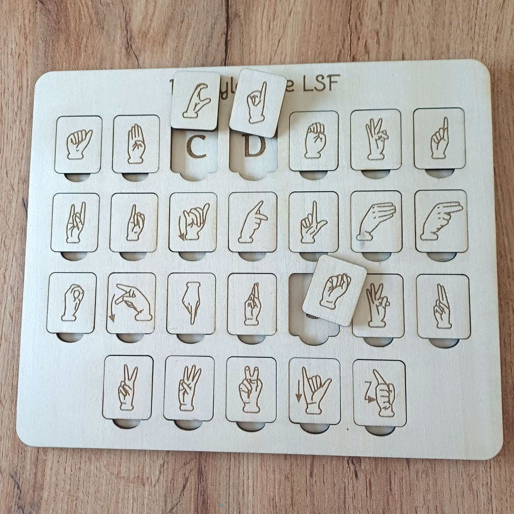 Plateau de jeu en bois de dactylologie LSF avec 26 jetons de l'alphabet signé