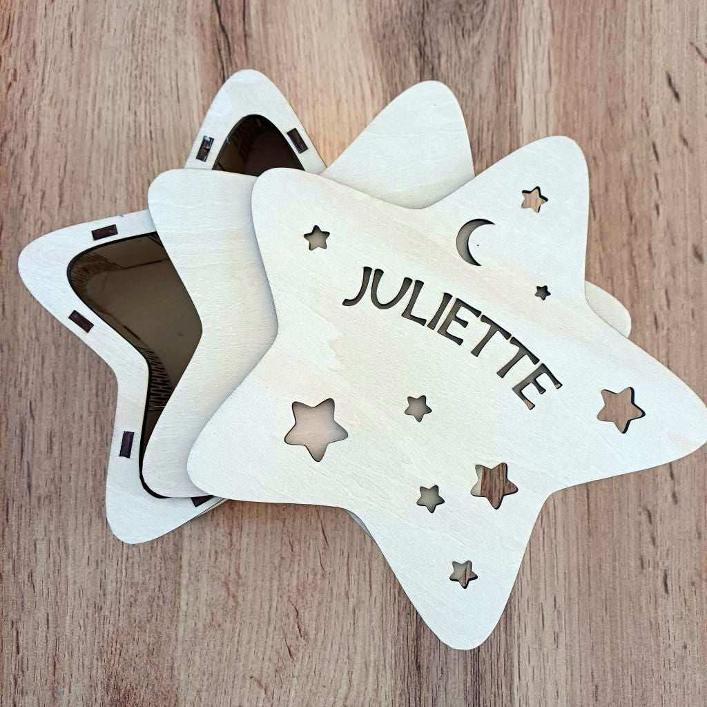 Veilleuse Étoile en Bois, personnalisée prénom ou texte | Lumière LEDS