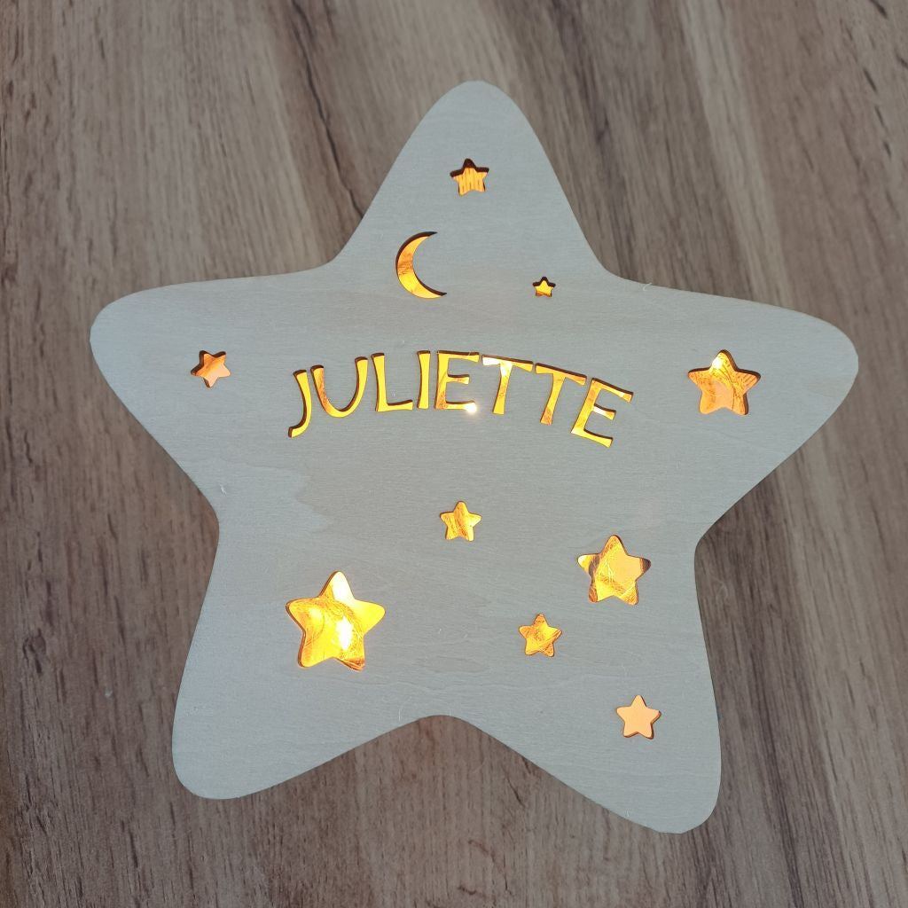 Veilleuse Étoile en Bois, personnalisée prénom ou texte | Lumière LEDS