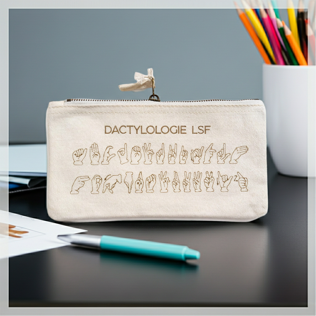 Trousse en coton gravée – Alphabet LSF | Dactylologie Langue des Signes Française