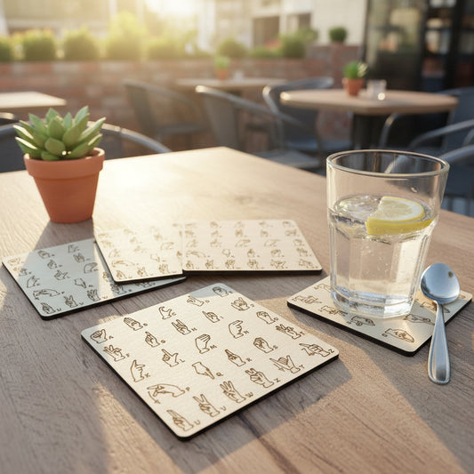 Verre d'eau transparent posé sur un sous-verre carré en bois gravé avec l'alphabet en Langue des Signes LSF sur une table en bois.