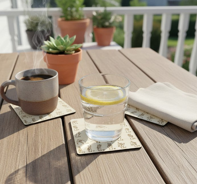 Sous-verres en bois gravés alphabet en Langue des signes française avec verre d'eau et tasse de café