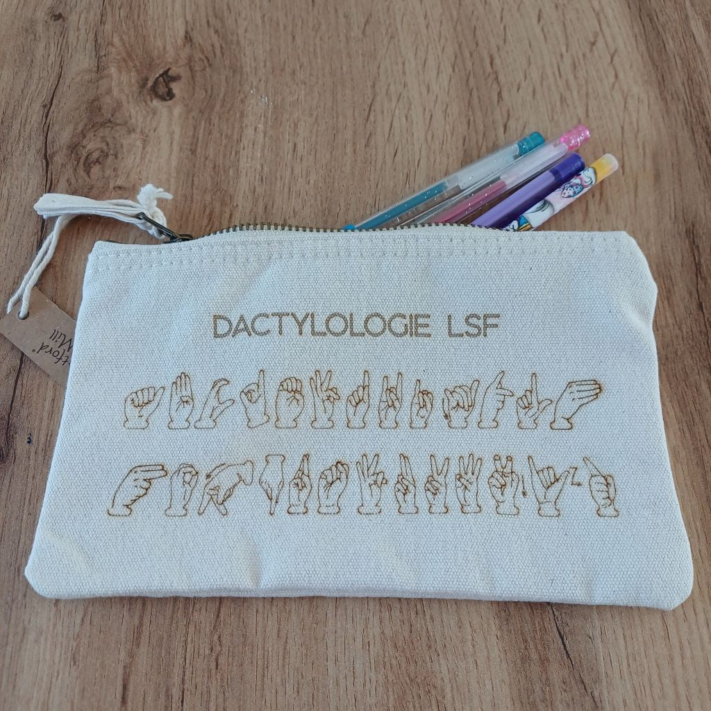 Trousse en coton gravée – Alphabet LSF | Dactylologie Langue des Signes Française