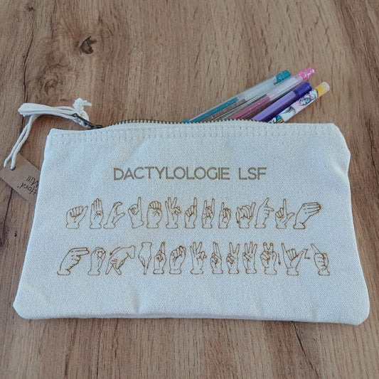 Trousse en coton gravée – Alphabet LSF | Dactylologie Langue des Signes Française